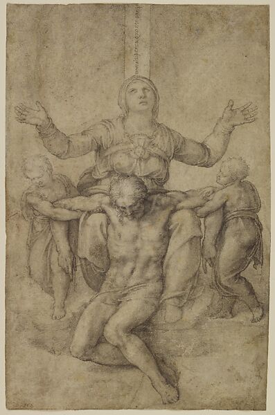 The Virgin and Christ at the Cross with two Angels (Pieta' for Vittoria Colonna), Michelangelo Buonarroti (Italian, Caprese 1475–1564 Rome), Black chalk 
