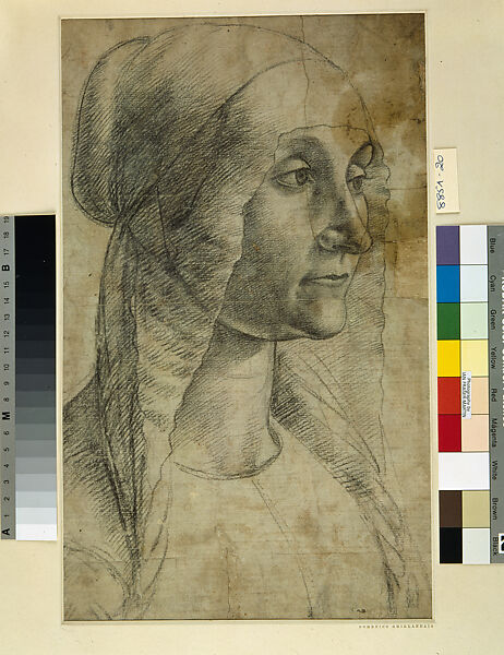 Cartoon for the head of a woman in the Tornabuoni chapel (recto); Study for a standing woman in the Tornabuoni chapel (verso), Domenico Ghirlandaio (Domenico Bigordi) (Italian, Florence 1448/49–1494 Florence), Back chalk, pricked for transfer (recto); Black chalk (verso) 