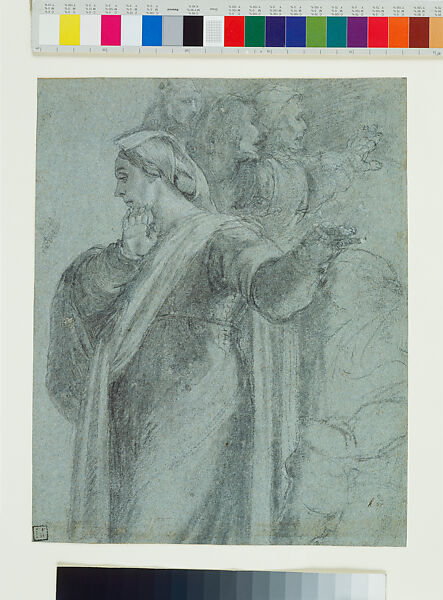 The women in the Raising of Lazarus, Sebastiano del Piombo (Sebastiano Luciani) (Italian, Venice (?) 1485/86–1547 Rome), Black and white chalk, traces of lead white, on greyish blue paper 