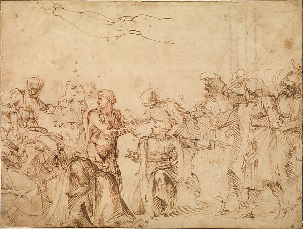 Composition sketch with Saint Lawrence (?) before an Emperor, Michelangelo Buonarroti (Italian, Caprese 1475–1564 Rome), Pen and brown ink, over red chalk 