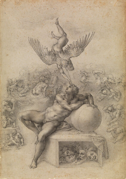 Il Sogno (The Dream), Michelangelo Buonarroti (Italian, Caprese 1475–1564 Rome), Black chalk 