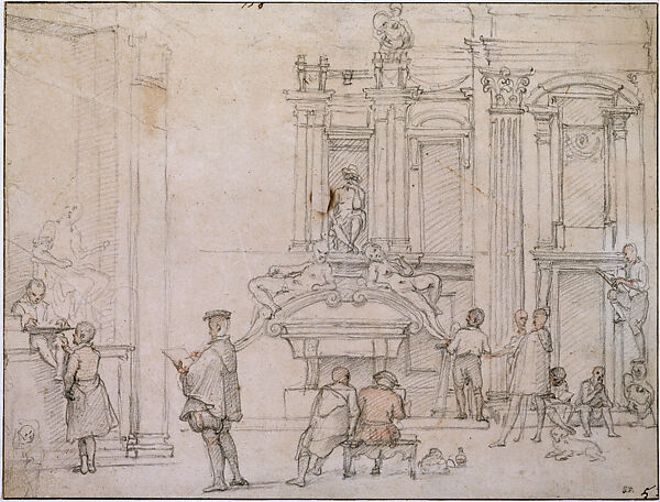 Artists drawing in Michelangelo's Medici Chapel, Federico Zuccaro (Zuccari) (Italian, Sant&#39;Angelo in Vado 1540/42–1609 Ancona), Black and red chalks 