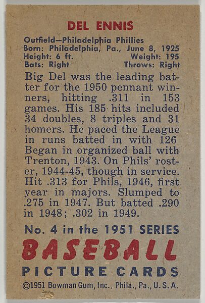 Del Ennis, Outfield, Philadelphia Phillies, from Picture Cards, series 5 (R406-5) issued by Bowman Gum, Issued by Bowman Gum Company, Commercial color lithograph