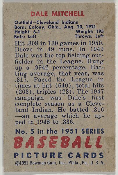Dale Mitchell, Outfield, Cleveland Indians, from Picture Cards, series 5 (R406-5) issued by Bowman Gum, Issued by Bowman Gum Company, Commercial color lithograph