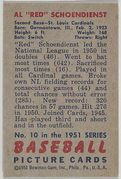 Al "Red" Schoendienst, 2nd Base, St. Louis Cardinals, from Picture Cards, series 5 (R406-5) issued by Bowman Gum, Issued by Bowman Gum Company, Commercial color lithograph
