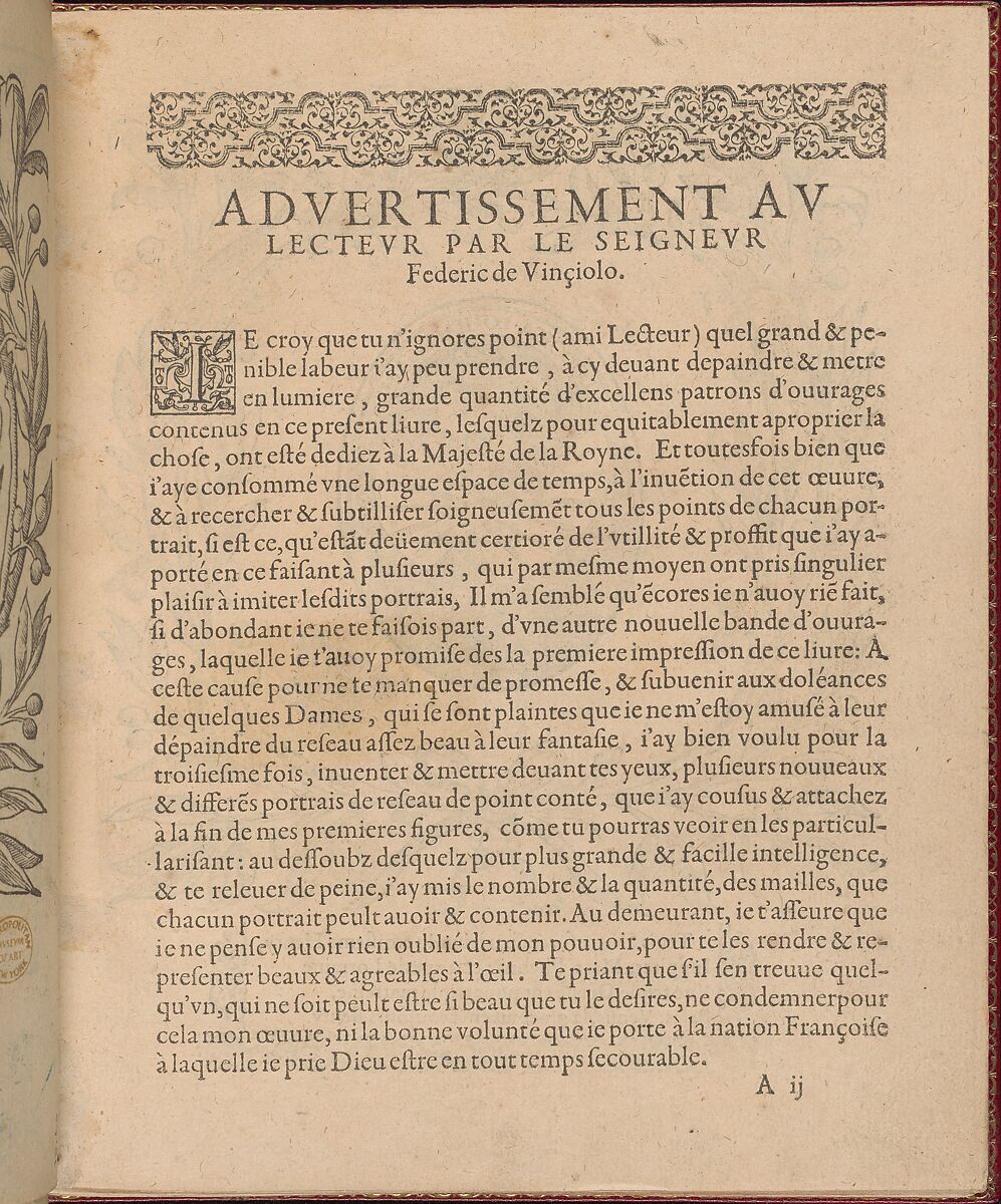 Les Singuliers et Nouveaux Portraicts... page 2 (recto), Federico de Vinciolo (Italian, active Paris, ca. 1587–99), Woodcut 