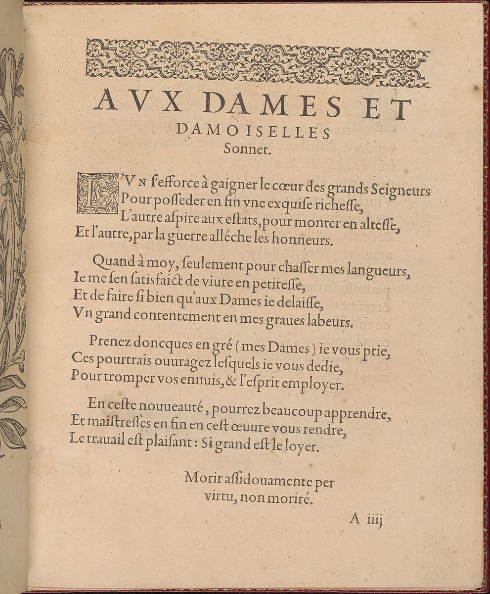 Les Singuliers et Nouveaux Portraicts... page 3 (recto), Federico de Vinciolo (Italian, active Paris, ca. 1587–99), Woodcut 