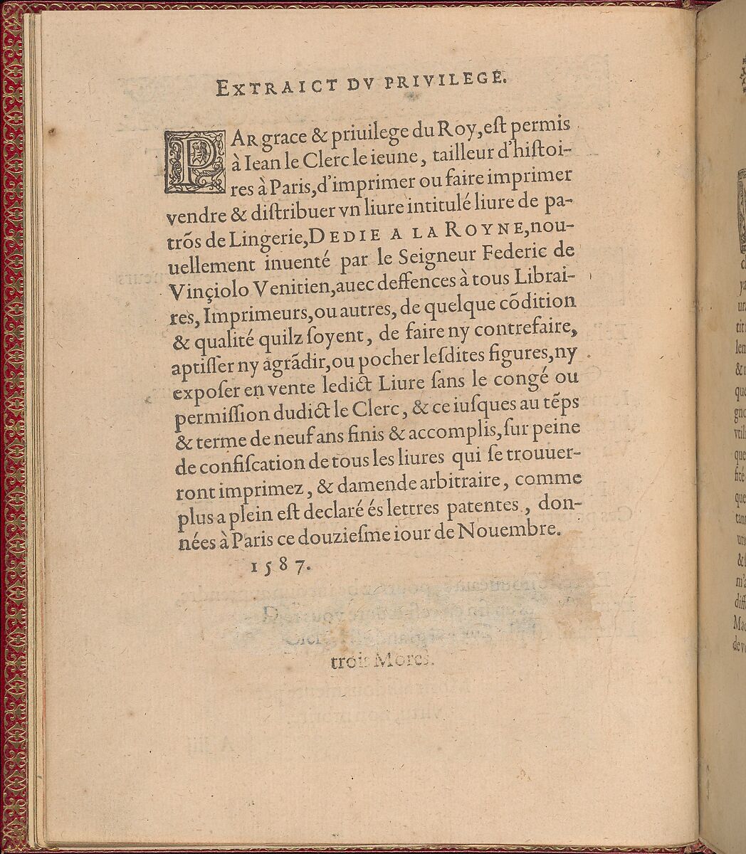 Les Singuliers et Nouveaux Portraicts... page 3 (verso), Federico de Vinciolo (Italian, active Paris, ca. 1587–99), Woodcut 
