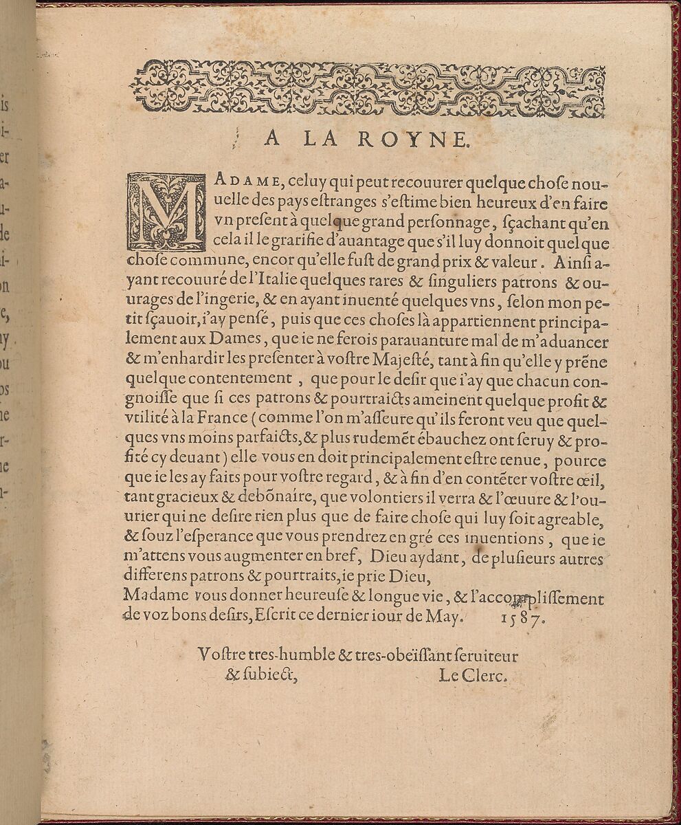 Les Singuliers et Nouveaux Portraicts... page 4 (recto), Federico de Vinciolo (Italian, active Paris, ca. 1587–99), Woodcut 