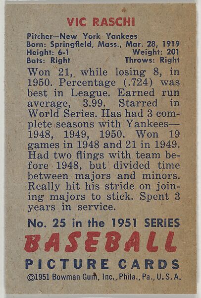 Issued by Bowman Gum Company - Vic Raschi, Pitcher, New York Yankees ...