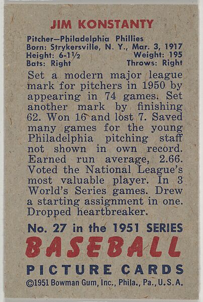 Jim Konstanty, Pitcher, Philadelphia Phillies, from Picture Cards, series 5 (R406-5) issued by Bowman Gum, Issued by Bowman Gum Company, Commercial color lithograph