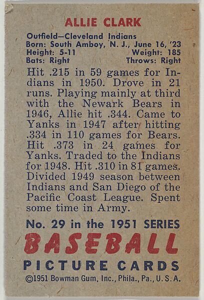 Allie Clark, Outfield, Cleveland Indians, from Picture Cards, series 5 (R406-5) issued by Bowman Gum, Issued by Bowman Gum Company, Commercial color lithograph