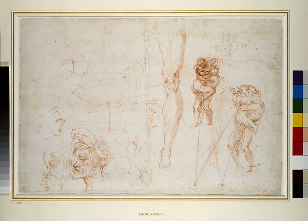 Figure studies: Michelangelo's models for exercises in draftsmanship for pupils (recto and verso), Michelangelo Buonarroti (Italian, Caprese 1475–1564 Rome), Red chalk (recto); red chalk, pen and brown ink (verso) 