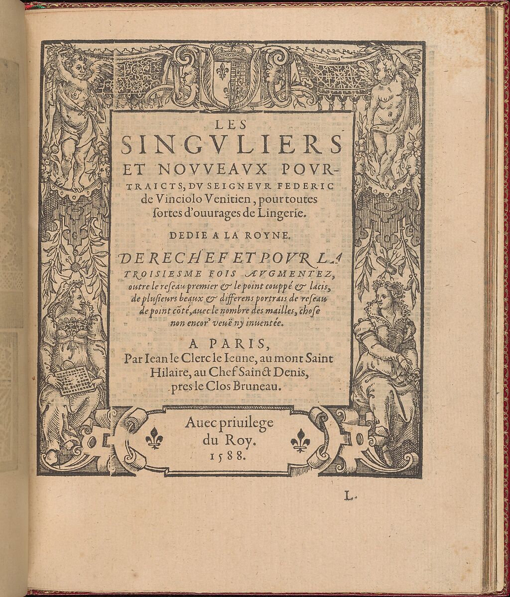 Les Singuliers et Nouveaux Portraicts... page 41 (recto), Federico de Vinciolo (Italian, active Paris, ca. 1587–99), Woodcut 