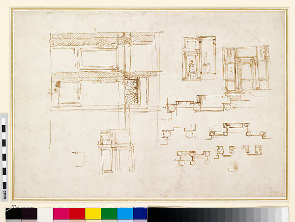 Design for the double wall tomb in plan and elevation, Michelangelo Buonarroti (Italian, Caprese 1475–1564 Rome), Pen and brown ink, ruling 