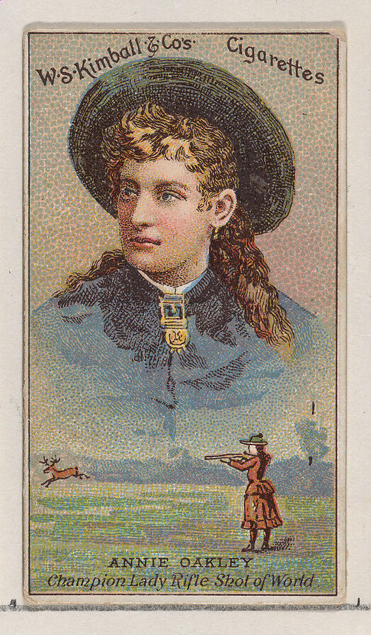 Annie Oakley, Champion Lady Rifle Shot of the World, from the Champions of Games and Sports series (N184, Type 1) issued by W.S. Kimball & Co., Issued by W.S. Kimball &amp; Co., Commercial color lithograph 