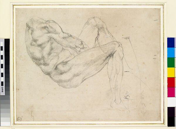 Study of reclining nude in the Medici Chapel with measurements (recto); Study of arms for The Night  (verso), Michelangelo Buonarroti (Italian, Caprese 1475–1564 Rome), Pen and brown ink over black chalk (recto); black chalk over stylus (verso) 