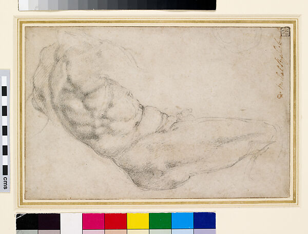 Study of torso of Dusk in Medici Chapel, Michelangelo Buonarroti (Italian, Caprese 1475–1564 Rome), Black chalk, annotated at left in pen and brown ink 