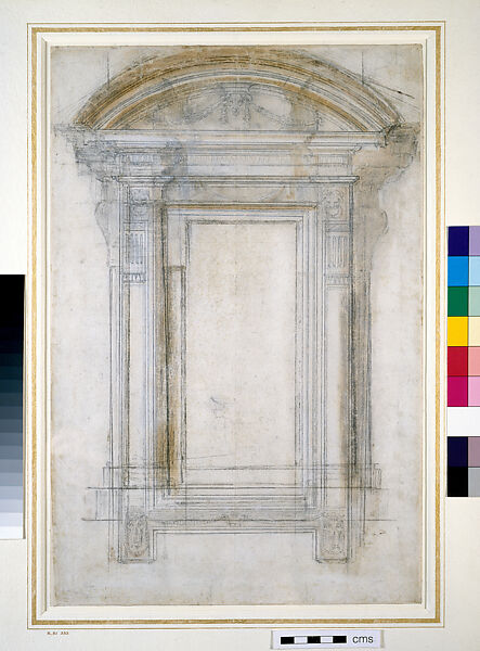 Design for a window of Palazzo Farnese (recto); Architectural studies (verso), Michelangelo Buonarroti (Italian, Caprese 1475–1564 Rome), Brush with brown wash, white gouache, pen and brown ink, over black chalk (recto); black chalk (verso) 