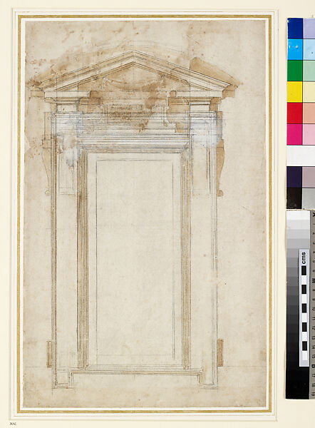 Design for a window of Palazzo dei Conservatori (recto); architectural sketches (verso), Michelangelo Buonarroti (Italian, Caprese 1475–1564 Rome), Brush with brown wash and leadwhite gouache, pen and brown ink, over black chalk and ruling (recto); black chalk (verso) 