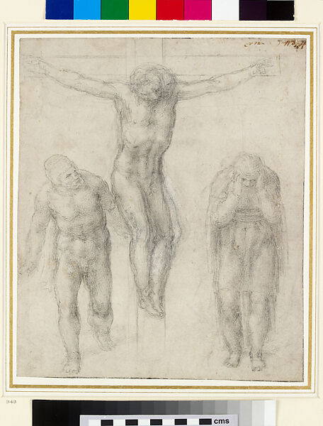 The Crucifixion (recto); Study for the crucified Christ (verso), Michelangelo Buonarroti (Italian, Caprese 1475–1564 Rome), Black chalk, white gouache (recto); black chalk (verso) 