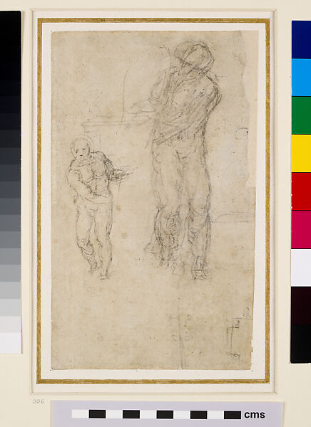 Studies for figures for a Crucifixion (recto); Design for a pedestal (verso), Michelangelo Buonarroti (Italian, Caprese 1475–1564 Rome), Black chalk (recto); black chalk, ruling (verso) 