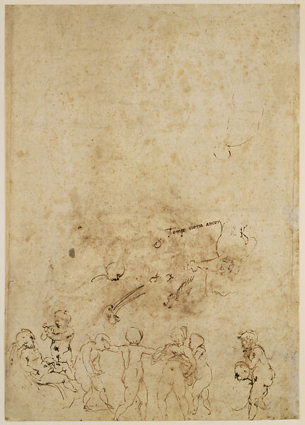 The Holy Family with the Infant Saint John the Baptist (recto); Amorous Putti at Play, Head of a Bird (verso), Michelangelo Buonarroti (Italian, Caprese 1475–1564 Rome), Black and red chalk, with pen and brown ink over stylus (recto); pen and brown ink (verso) 