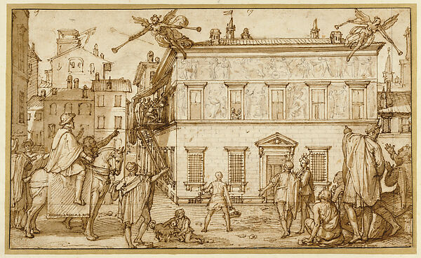 Michelangelo Visits Taddeo Zuccaro while Decorating the Façade of Palazzo Mattei, Federico Zuccaro (Zuccari) (Italian, Sant&#39;Angelo in Vado 1540/42–1609 Ancona), Pen and brown ink, brush and brown wash, over black chalk, and touches of red chalk