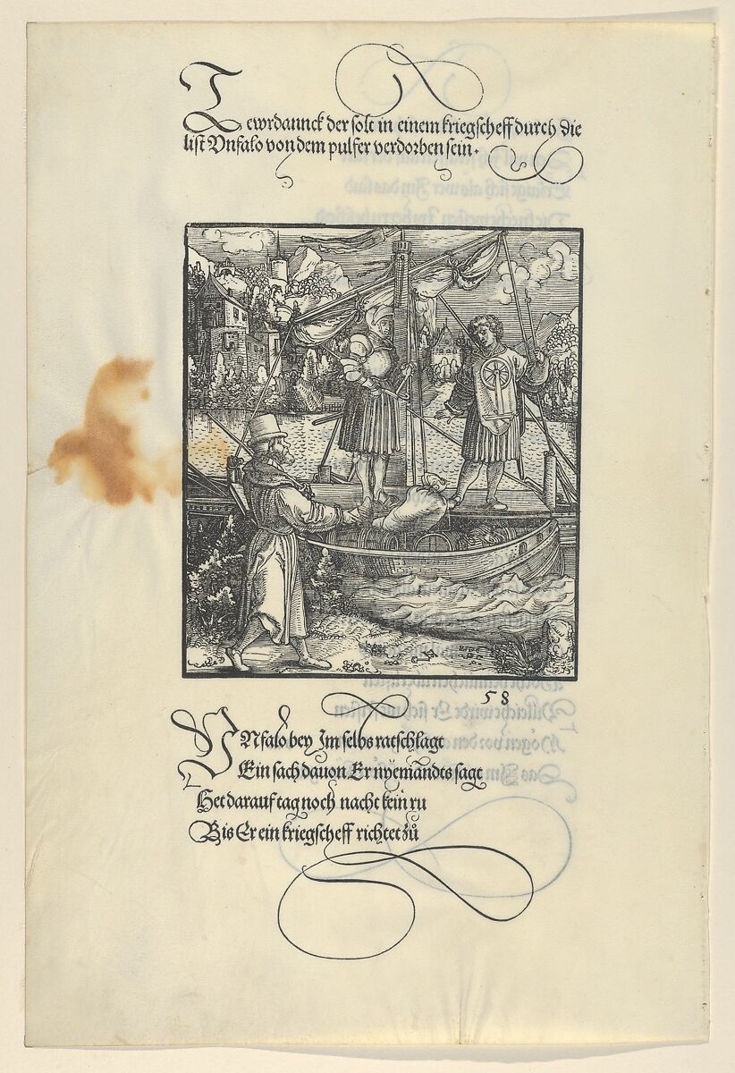 Unfalo Nearly Causing the Explosion of Theuerdanck's Ship, from Theuerdanck, Hans Schäufelein (German, Nuremberg ca. 1480–ca. 1540 Nördlingen), Woodcut 