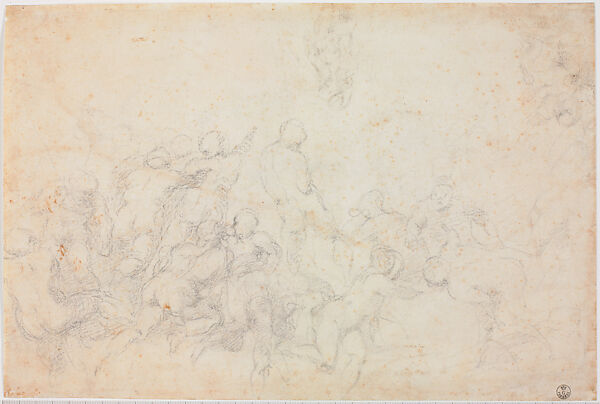 Compositional sketch for the Battle of Cascina (recto); Figure studies (verso), Michelangelo Buonarroti (Italian, Caprese 1475–1564 Rome), Black chalk 