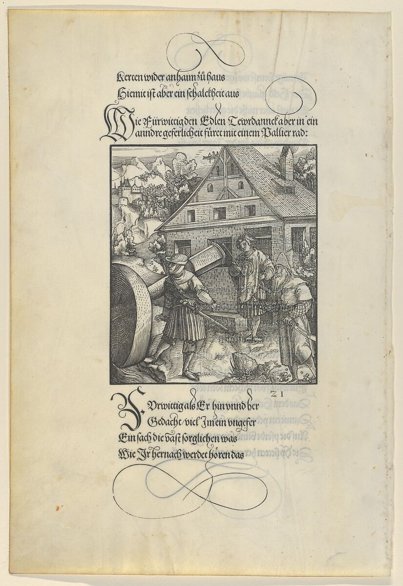 Urged by Fürwittig, Theuerdanck Tries to Manipulate a Polishing Stone, from Theuerdanck, Hans Schäufelein (German, Nuremberg ca. 1480–ca. 1540 Nördlingen), Woodcut 