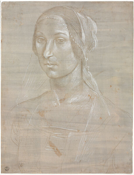 Head of a woman in bust-length, Domenico Ghirlandaio (Domenico Bigordi) (Italian, Florence 1448/49–1494 Florence), Silverpoint, and white gouache, on grey-violet prepared paper 