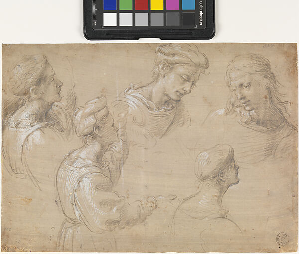 Studies of five figures in half-length, Francesco Granacci (Francesco di Andrea di Marco) (Italian, Villamagna 1469–1543 Florence), Metalpoint, white gouache, on grey prepared paper 