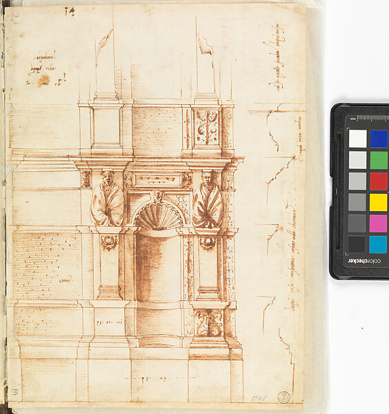 Libretto (fol. 14r), Aristotile da Sangallo (Italian, Florence 1481–1551 Florence), Pen and brown ink, brown and brown wash, over ruling compass, leadpoint or black chalk 