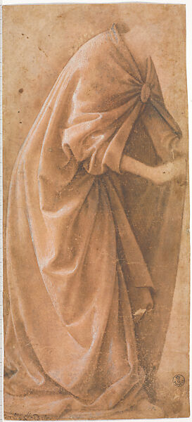 Drapery study of a standing figure, Domenico Ghirlandaio (Domenico Bigordi) (Italian, Florence 1448/49–1494 Florence), Brown wash, on pink prepared paper, heightened with white 
