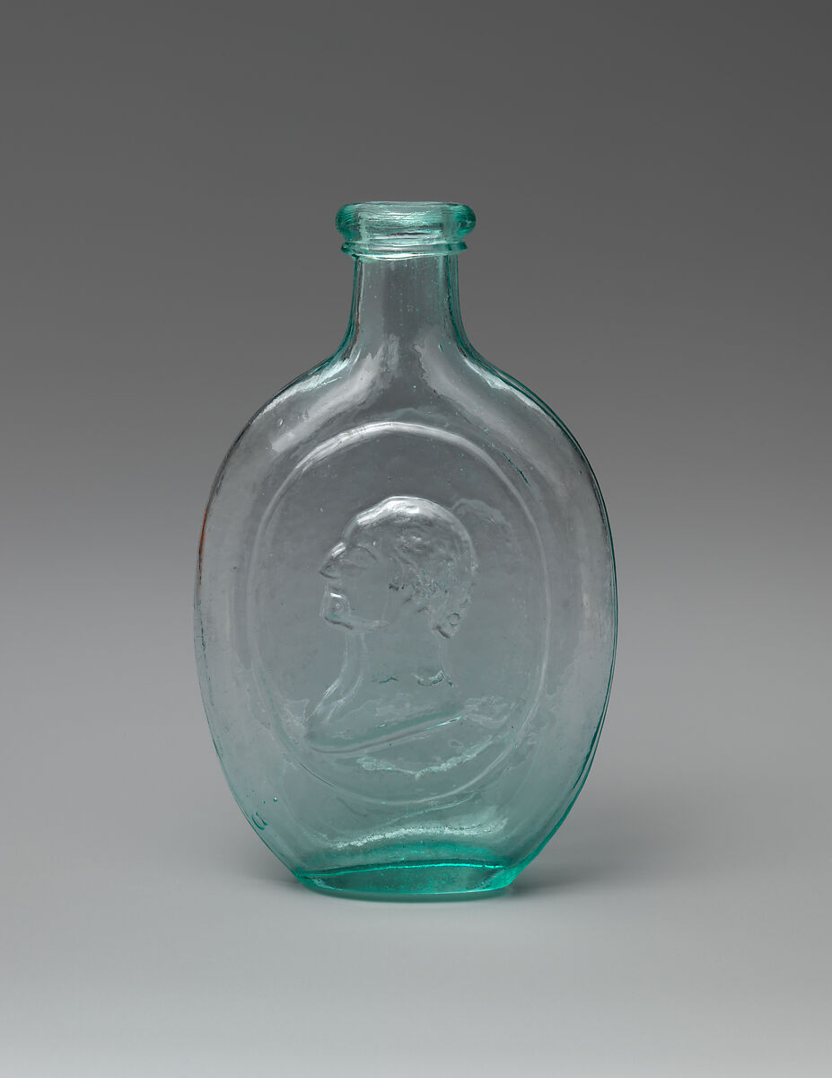 Half-pint flask, Probably Dyottville Glass Works (1833–1923), Glass, mold-blown, American 