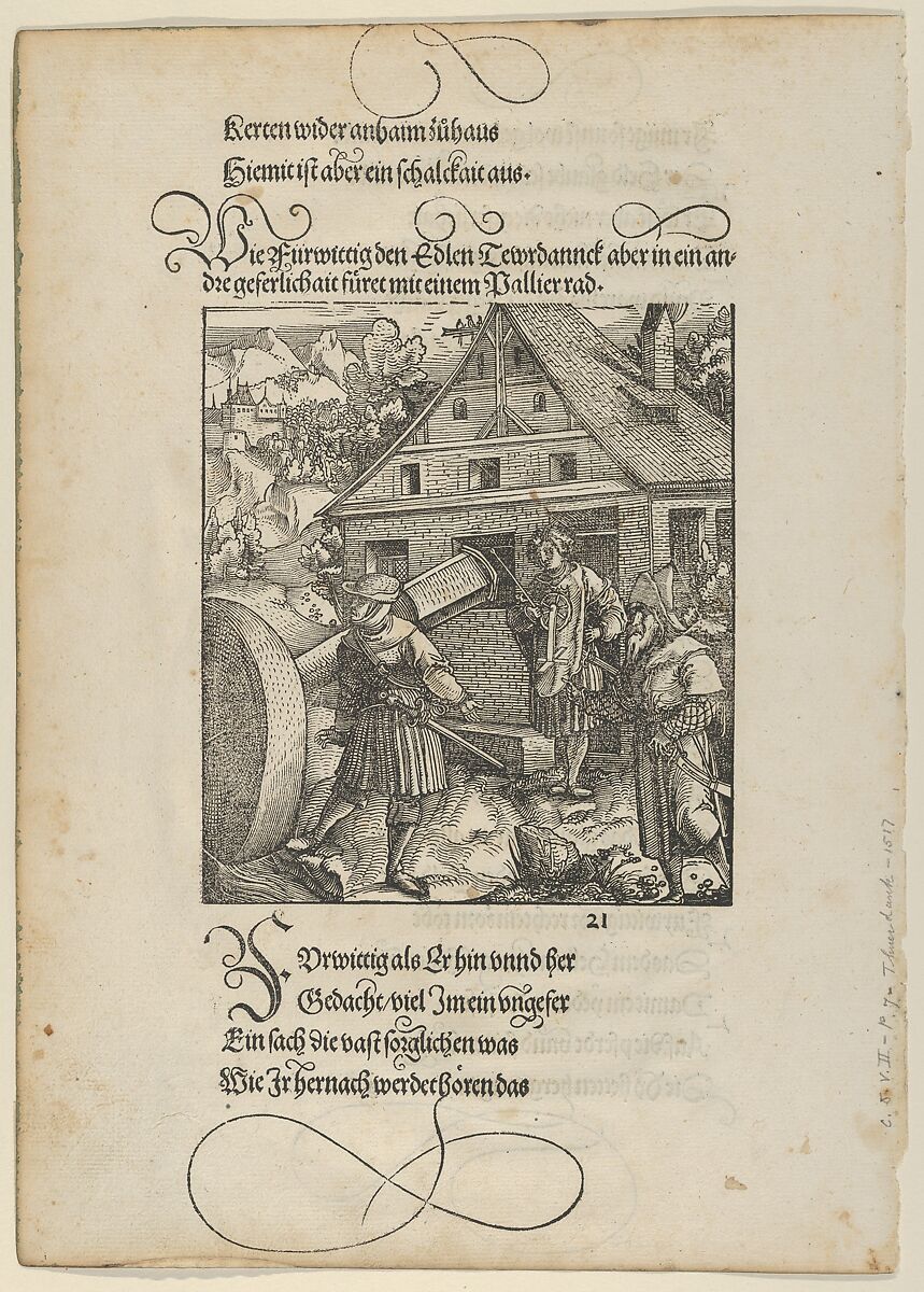 Urged by Fürwittig, Theurerdanck Tries to Manipulate a Polishing Stone, from "Theurerdanck", Hans Schäufelein (German, Nuremberg ca. 1480–ca. 1540 Nördlingen), Woodcut 