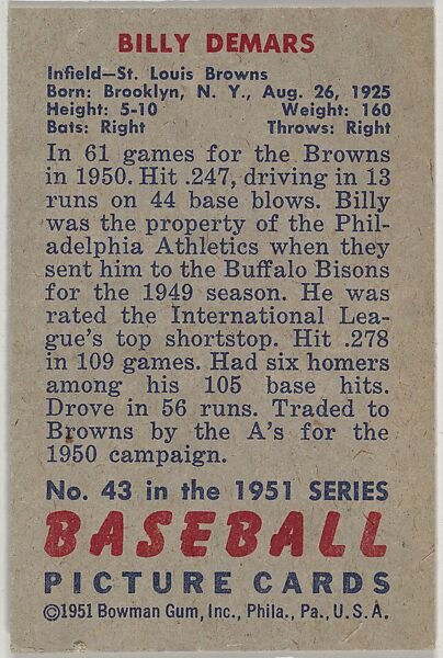 Billy DeMars, Infield, St. Louis Browns, from Picture Cards, series 5 (R406-5) issued by Bowman Gum, Issued by Bowman Gum Company, Commercial color lithograph