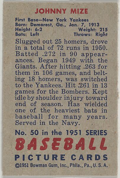 Johnny Mize, 1st Base, New York Yankees, from Picture Cards, series 5 (R406-5) issued by Bowman Gum, Issued by Bowman Gum Company, Commercial color lithograph