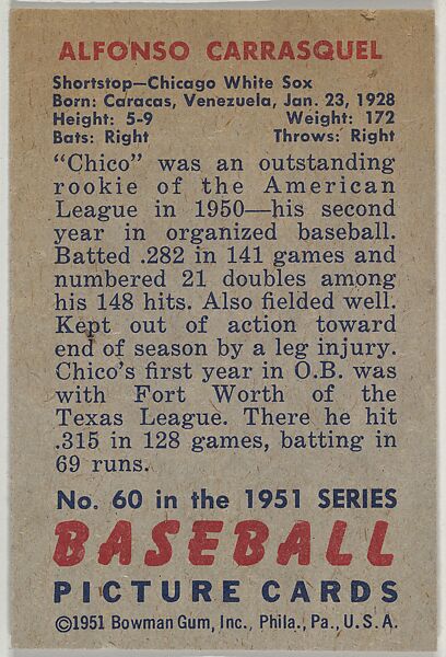 Alfonso Carrasquel, Shortstop, Chicago White Sox, from Picture Cards, series 5 (R406-5) issued by Bowman Gum, Issued by Bowman Gum Company, Commercial color lithograph