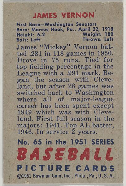 James Vernon, 1st Base, Washington Senators, from Picture Cards, series 5 (R406-5) issued by Bowman Gum, Issued by Bowman Gum Company, Commercial color lithograph