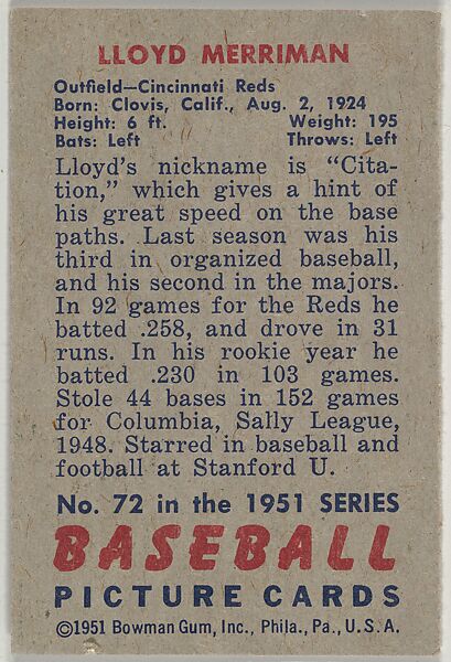 Lloyd Merriman, Outfield, Cincinnati Reds, from Picture Cards, series 5 (R406-5) issued by Bowman Gum, Issued by Bowman Gum Company, Commercial color lithograph