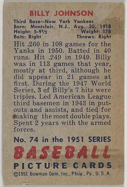 Billy Johnson, 3rd Base, New York Yankees, from Picture Cards, series 5 (R406-5) issued by Bowman Gum, Issued by Bowman Gum Company, Commercial color lithograph