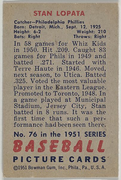 Stan Lopata, Catcher, Philadelphia Phillies, from Picture Cards, series 5 (R406-5) issued by Bowman Gum, Issued by Bowman Gum Company, Commercial color lithograph