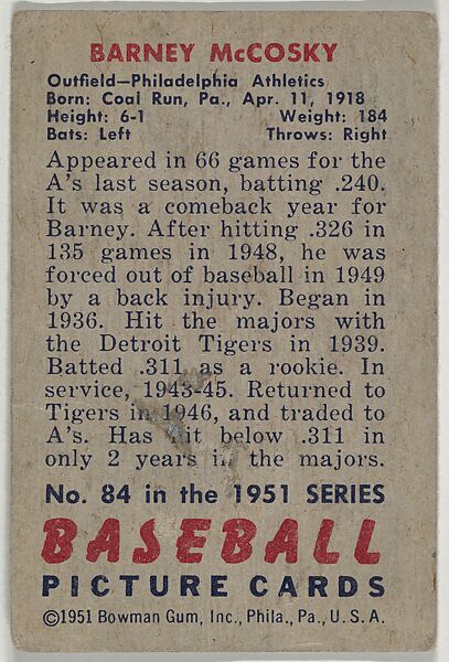 Barney McCosky, Outfield, Philadelphia Athletics, from Picture Cards, series 5 (R406-5) issued by Bowman Gum, Issued by Bowman Gum Company, Commercial color lithograph