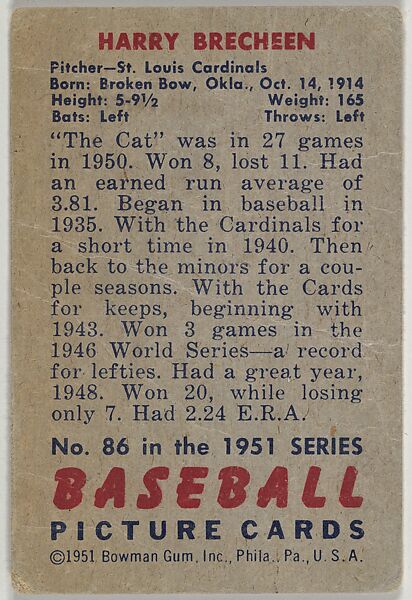Harry Brecheen, Pitcher, St. Louid Cardinals, from Picture Cards, series 5 (R406-5) issued by Bowman Gum, Issued by Bowman Gum Company, Commercial color lithograph