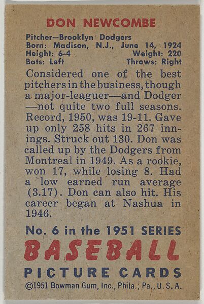 Don Newcombe, Pitcher, Brooklyn Dodgers, from Picture Cards, series 5 (R406-5) issued by Bowman Gum, Issued by Bowman Gum Company, Commercial color lithograph