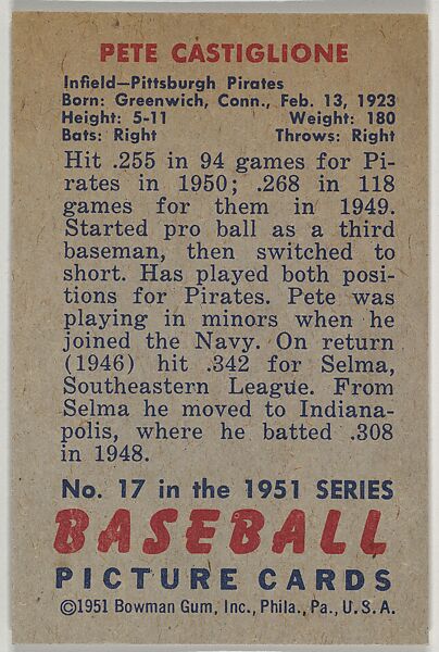 Pete Castiglione, Infield, Pittsburgh Pirates, from Picture Cards, series 5 (R406-5) issued by Bowman Gum, Issued by Bowman Gum Company, Commercial color lithograph