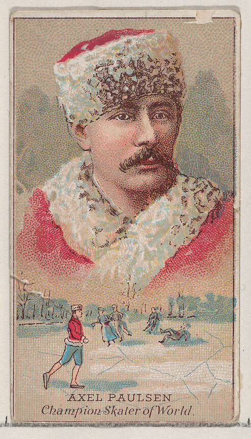 A picture of an Axel Paulsen trading card from 1887. An image of Axel Paulsen is the majority of the upper part of the card while an image of a skating Axel Paulsen is at the bottom of the card. In the background of the lower portion are a couple skating, an individual skating, and an individual who has fallen on the ice. We cannot all be good skaters. The caption of the trading card reads: AXEL PAULSEN Champion Skater of World.