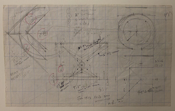 Sketches for "The Sun", Richard Lippold (American, Milwaukee, Wisconsin 1915– 2002 Roslyn, New York), Graphite with red and black ink on graph paper 